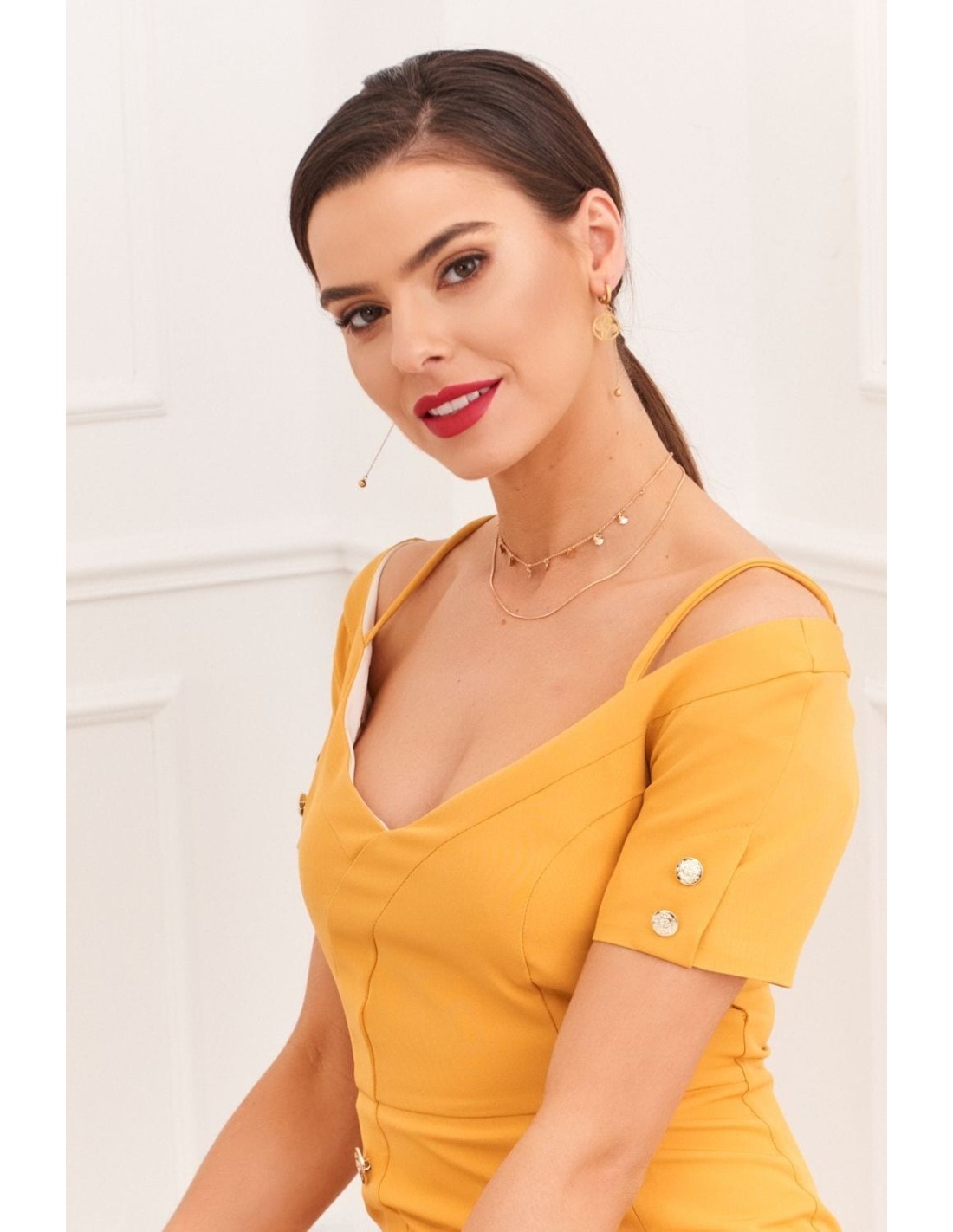 Elegant dress with a Carmen neckline, mustard 0484 - Online store - Boutique